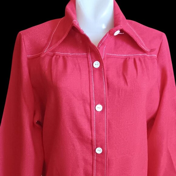 Vintage Medium Wome's Mod Jacket Shirt 1970's Sears Red Burlap granny Pockets - Picture 2 of 6